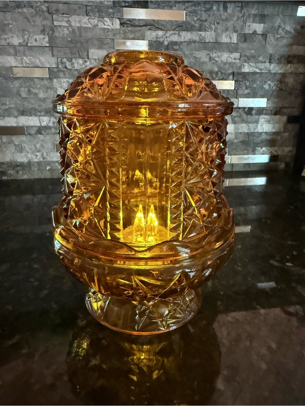 Vintage Amber Indiana Glass Stars and Bars Fairy Lamp